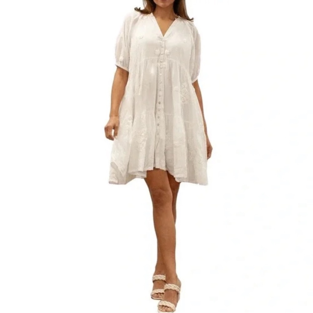 Karyn Seo Floral Embroidery V Neckline Short Sleeve Women’s Dress Size Large -
